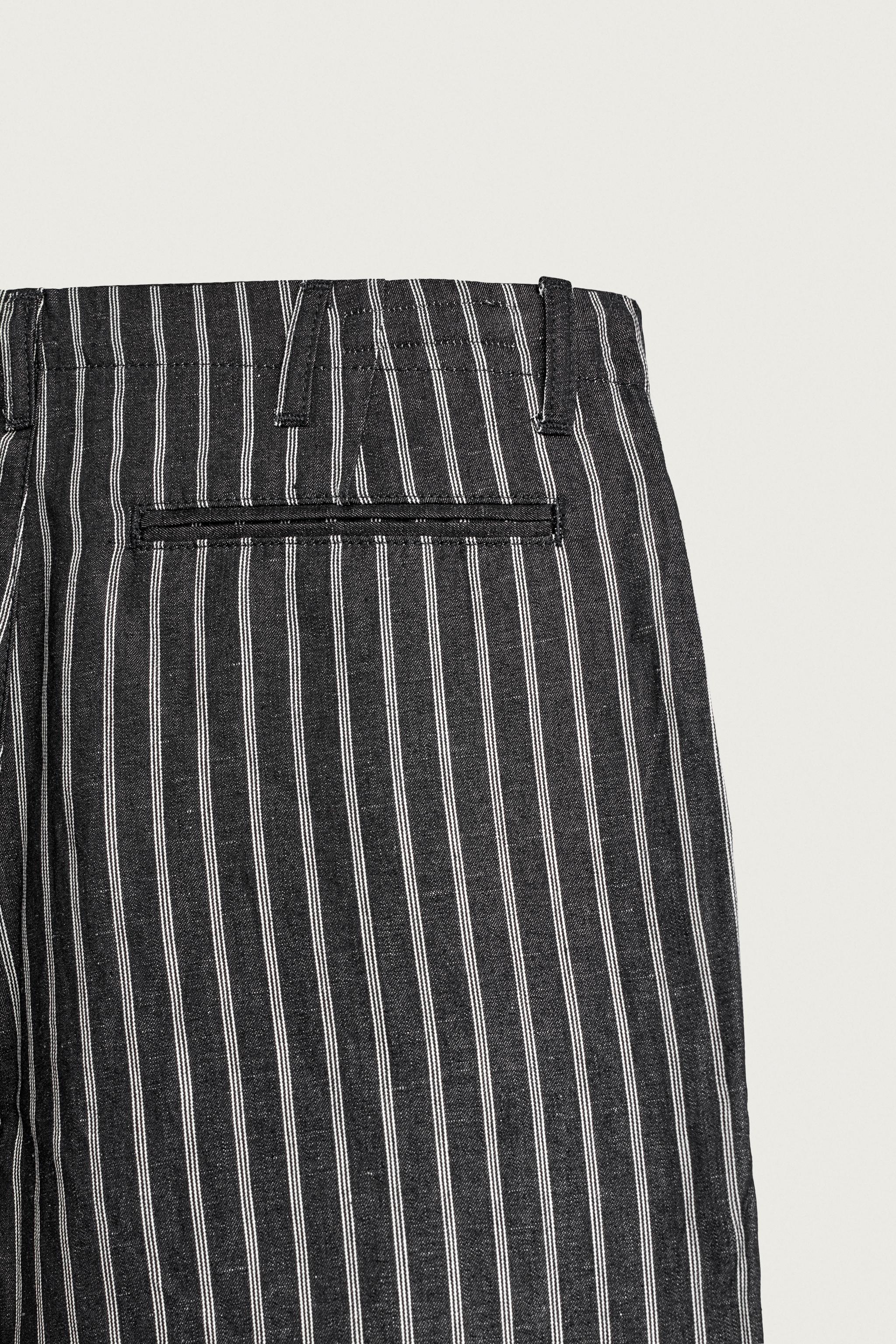 STRIPED COTTON-LINEN DENIM PANTS